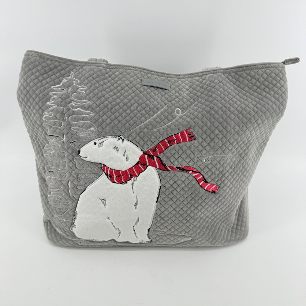 Vera Bradley Gray Quilted Velvet Polar Bear Winter Tote Bag Embroidered Holiday - Picture 2 of 8